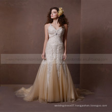 Noble luxury gold spaghetti straps heart line bling beads applique lace lie around full wedding dress
